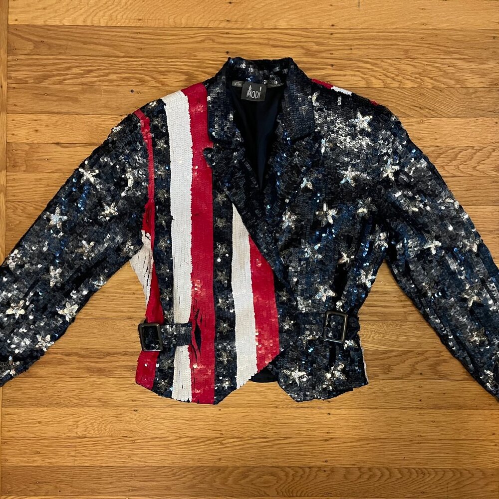 90s Vintage USA Sequin Jacket American Flag red white blue stars - Size M